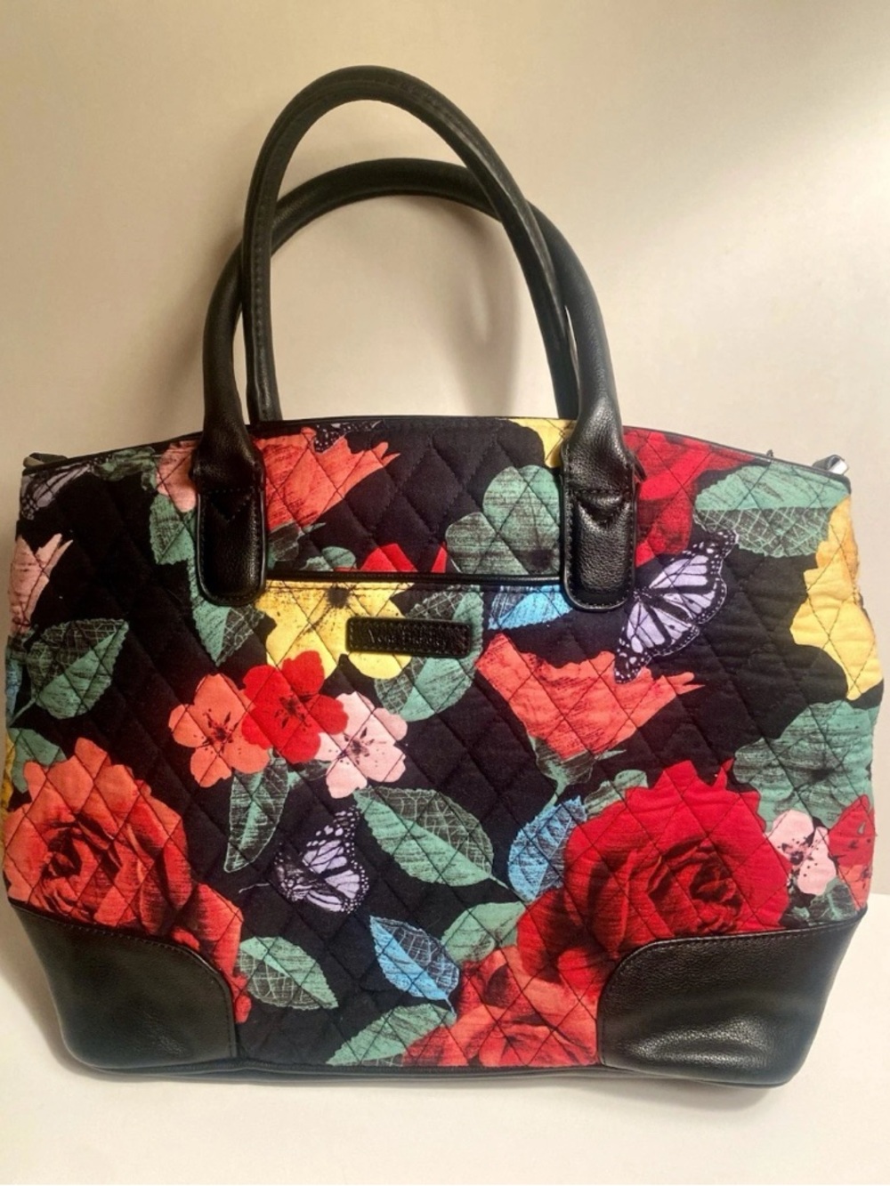Vera Bradley Black Quilted Tote with Red Floral & Multicolor Leaves